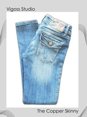 Vigoss Studio The Copper Skinny Jeans Blue Wash Button Flap Pockets Size 3/4